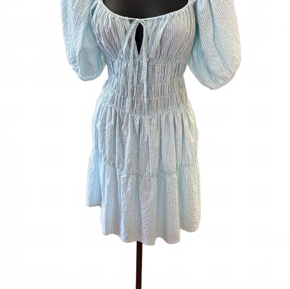 NEW ELAN women's the lottie puff sleeve dress in blue striped